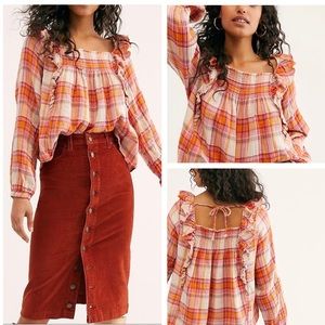 Free People Siena Ruffled Boho Plaid Top NEW